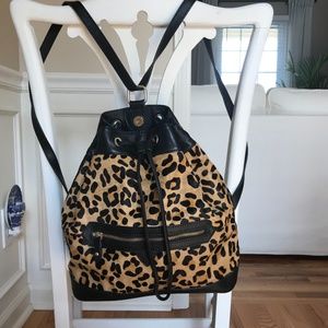 Aqua Madonna calf hair and leather leopard print backpack purse